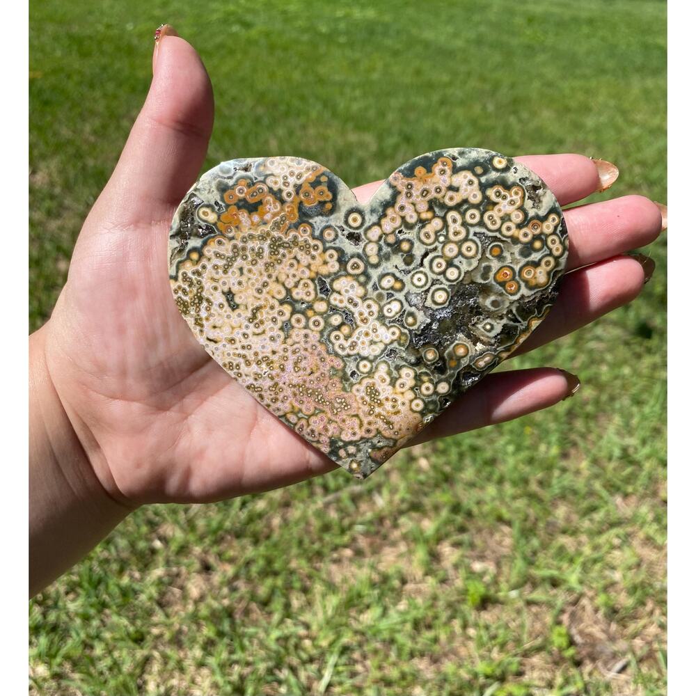8th Vein Ocean Jasper Heart Carving , 174 g , Unique Orbicular Sea Jasper